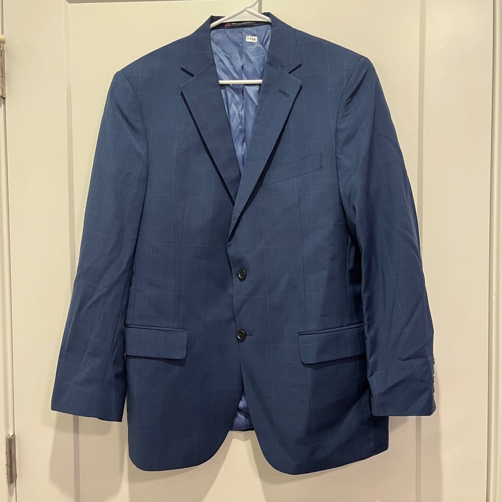 Hart Schaffner Marx Mens Blue Plaid 2 Piece Suit 42R Made in USA Business Formal